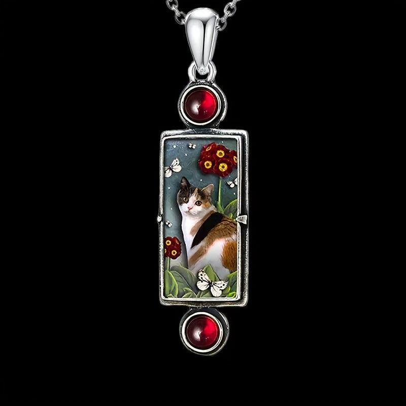 Kitten Pendant Necklace with Red Gemstone