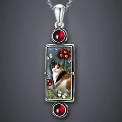 Kitten Pendant Necklace with Red Gemstone
