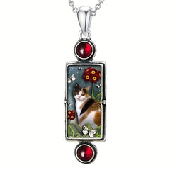 Kitten Pendant Necklace with Red Gemstone