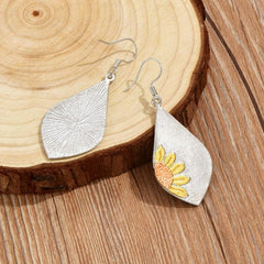 Boho Sunflower Leaf Dangle Earrings Silver Color