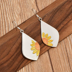 Boho Sunflower Leaf Dangle Earrings Silver Color