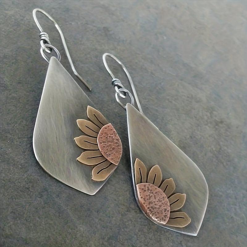 Boho Sunflower Leaf Dangle Earrings Silver Color
