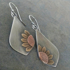 Boho Sunflower Leaf Dangle Earrings Silver Color