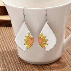 Boho Sunflower Leaf Dangle Earrings Silver Color