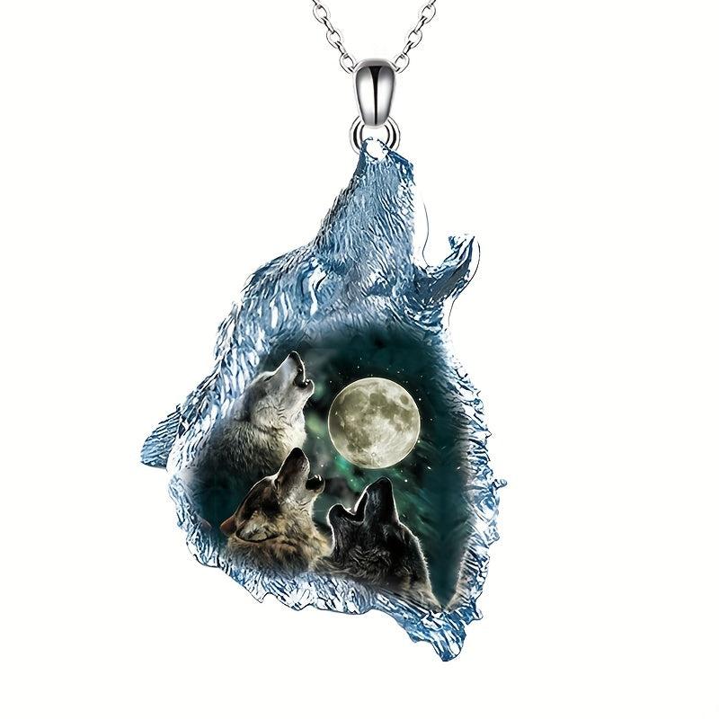 Geometric Triangle Crystal Wolf Pendant Necklace