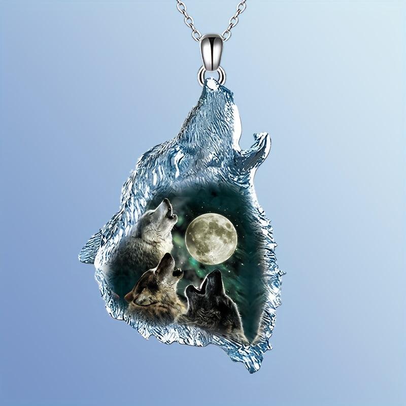 Geometric Triangle Crystal Wolf Pendant Necklace