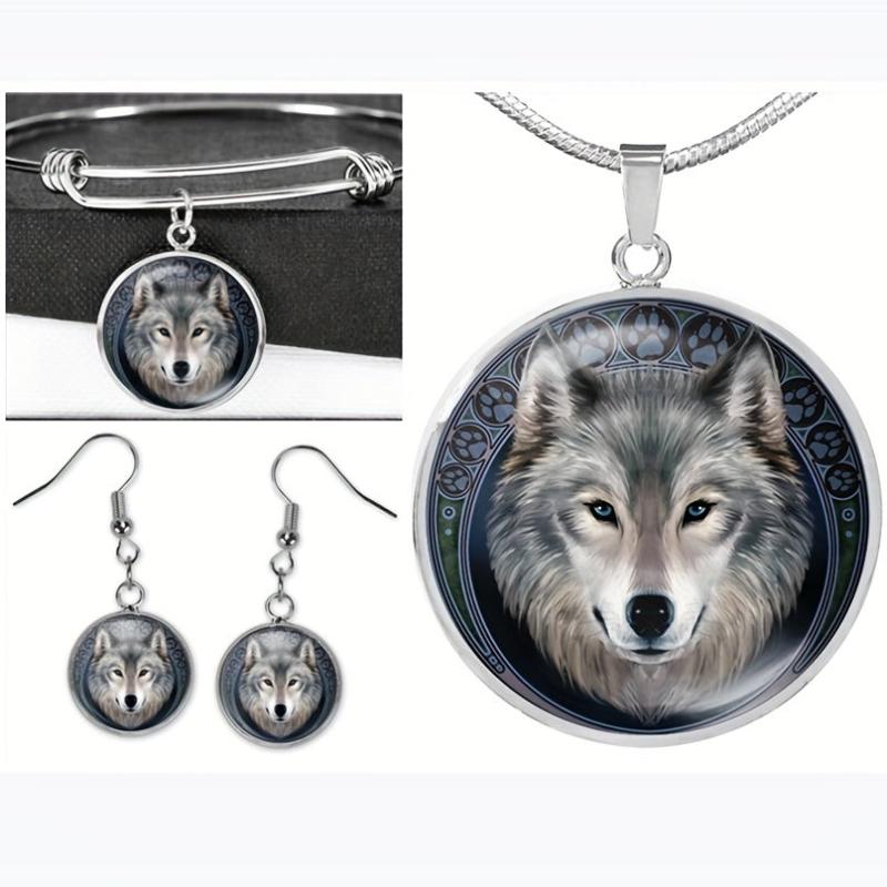 Wolf Round Pendant Necklace Bracelet Earrings Set Halloween Christmas Gift