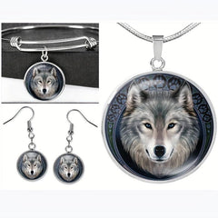 Wolf Round Pendant Necklace Bracelet Earrings Set Halloween Christmas Gift