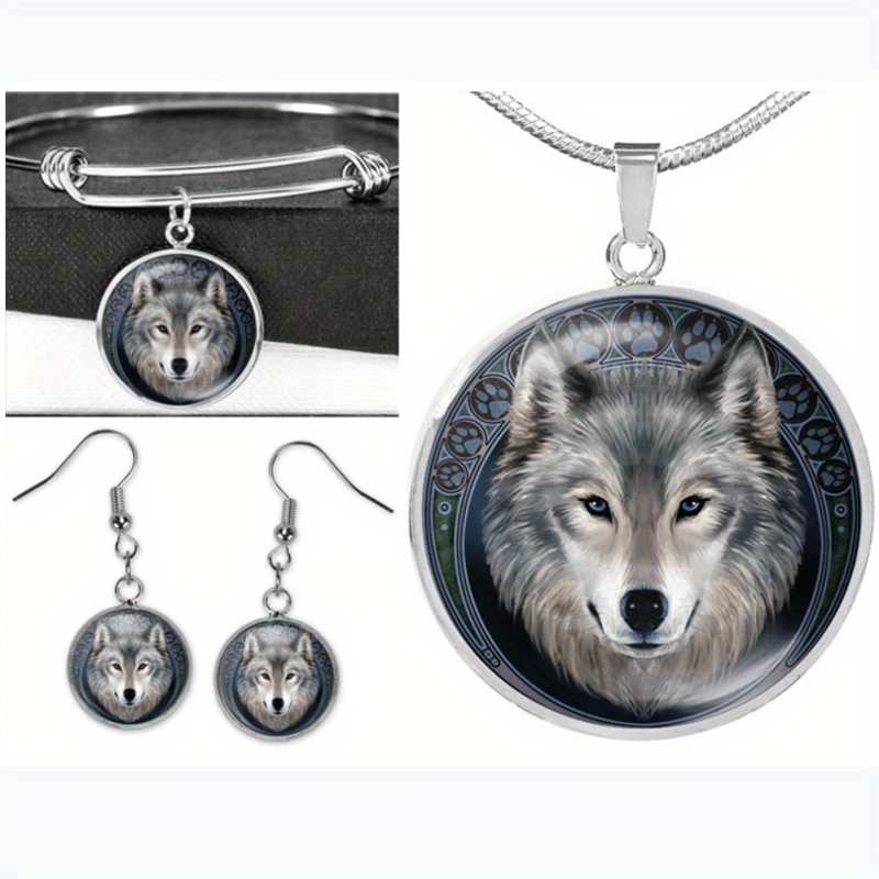 Wolf Round Pendant Necklace Bracelet Earrings Set Halloween Christmas Gift