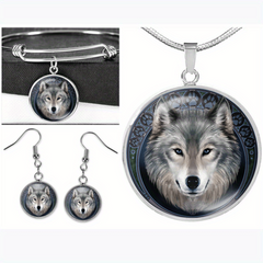 Wolf Round Pendant Necklace Bracelet Earrings Set Halloween Christmas Gift