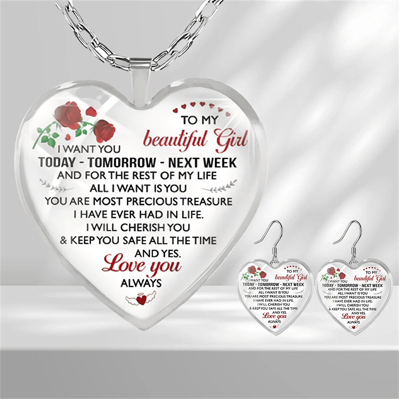 To My Girl Glass Pendant Necklace Earrings Set Graduation Party Gift