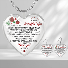 To My Girl Glass Pendant Necklace Earrings Set Graduation Party Gift