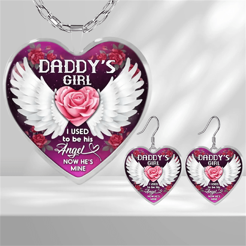 Girls Wing & Purple Heart Shaped Pendant Necklace Earrings Set