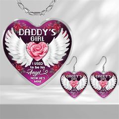 Girls Wing & Purple Heart Shaped Pendant Necklace Earrings Set