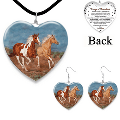 Horse Pattern Glass Pendant Necklace Earring Set for Girls