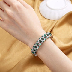 Vintage Silvery Plated Bracelet with Natural Emerald Gemstone for Women