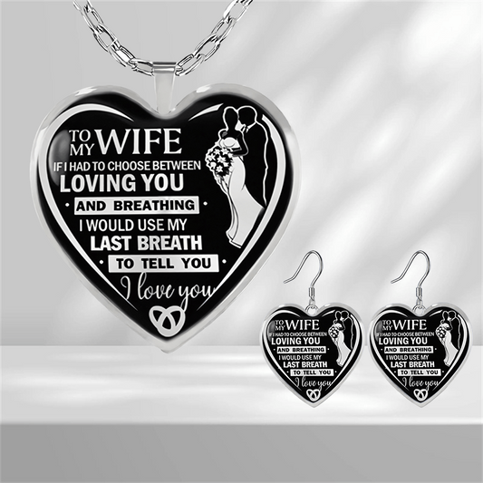 Heart Glass Pendant Earrings Necklace Set for Wife