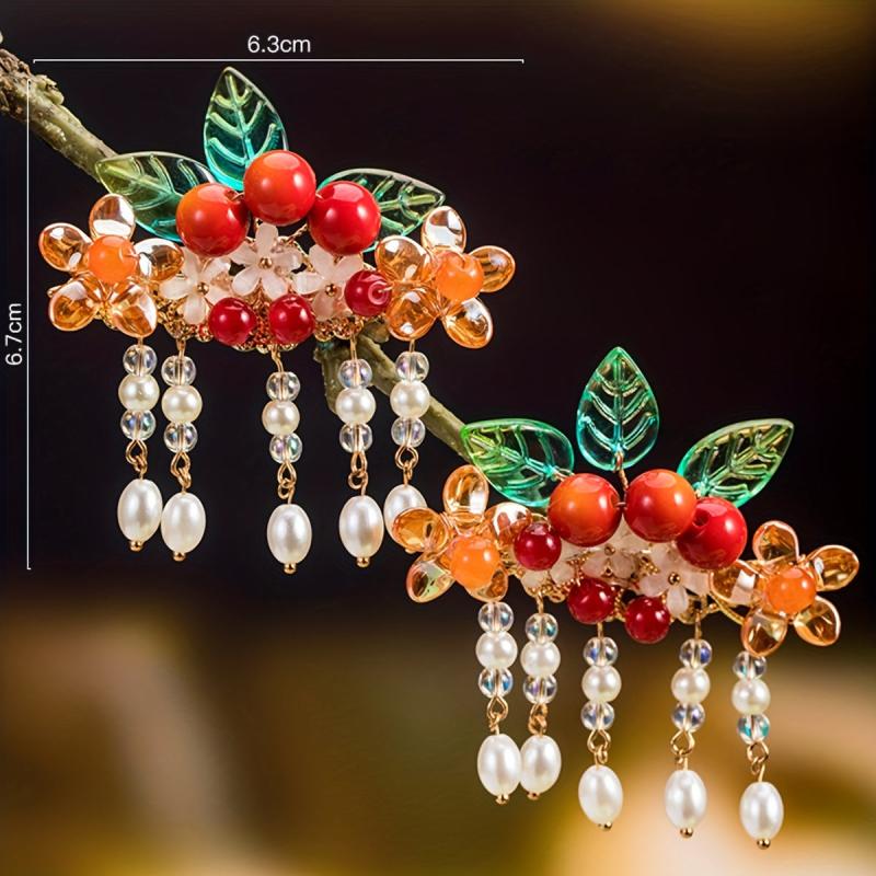 Red Tassel Hair Clips Fashion Pair Clips Headwear Fairy Accessory
