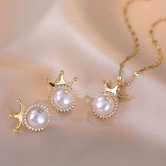Crown Pearl Pendant Necklace Earrings Set Wedding Anniversary