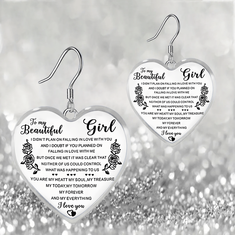 Rose Pattern Heart Shape Glass Pendant Earrings Necklace Set