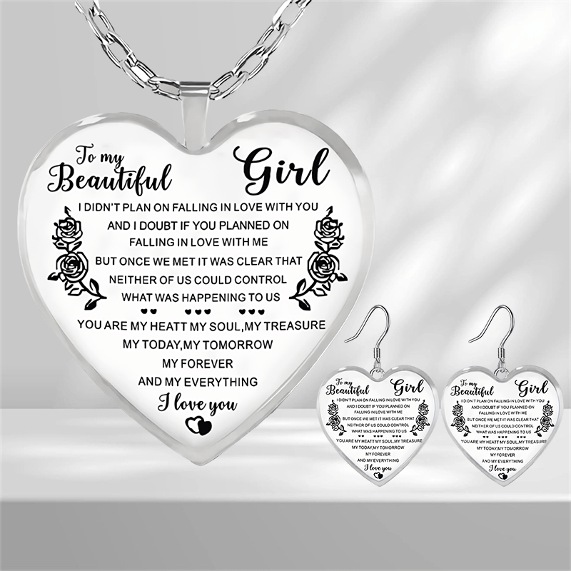 Rose Pattern Heart Shape Glass Pendant Earrings Necklace Set