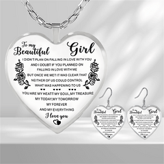 Rose Pattern Heart Shape Glass Pendant Earrings Necklace Set