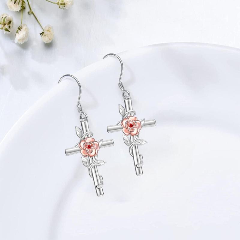 Light Pink Rose Cross Earrings For Women Girls