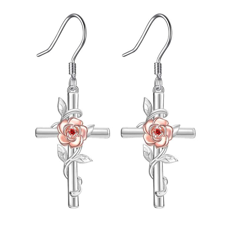Light Pink Rose Cross Earrings For Women Girls
