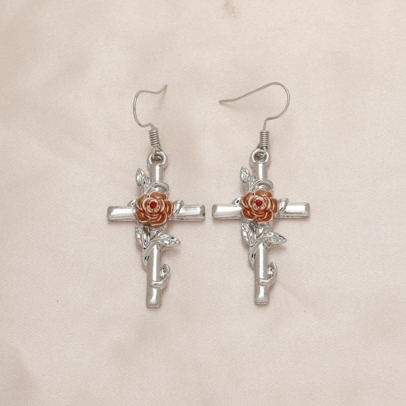 Light Pink Rose Cross Earrings For Women Girls