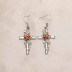Light Pink Rose Cross Earrings For Women Girls