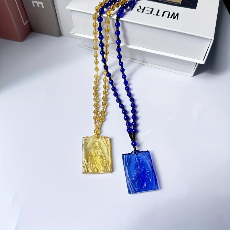 Jesus Pattern Glass Beaded Necklace for Men