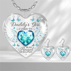 Sapphire Wing Heart Glass Pendant Necklace Earrings Set