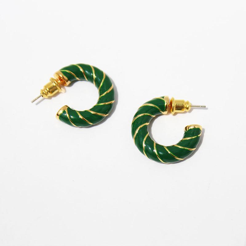 Red Enamel C-Shaped Thick Earrings Retro Green Drop Glaze Silver Needle Earrings