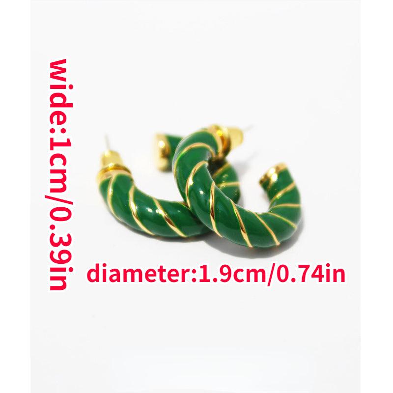 Red Enamel C-Shaped Thick Earrings Retro Green Drop Glaze Silver Needle Earrings