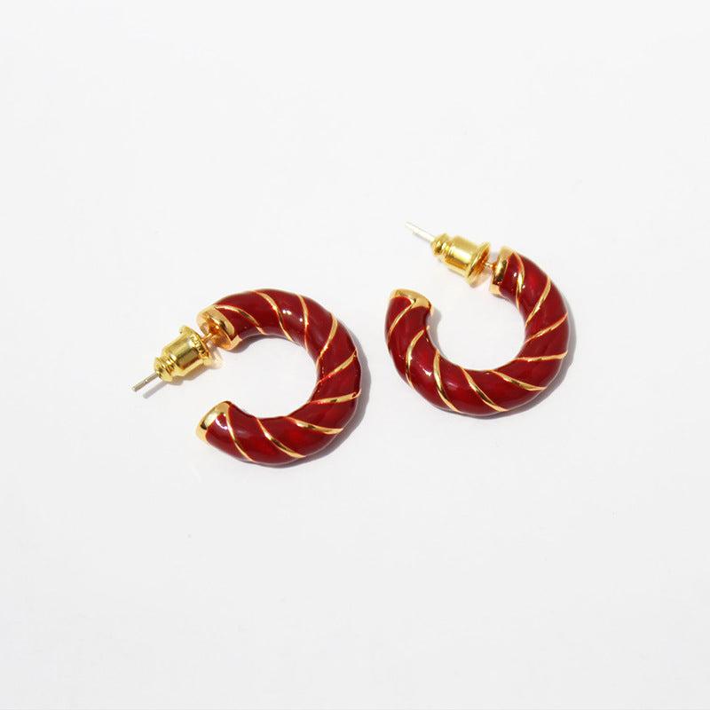 Red Enamel C-Shaped Thick Earrings Retro Green Drop Glaze Silver Needle Earrings