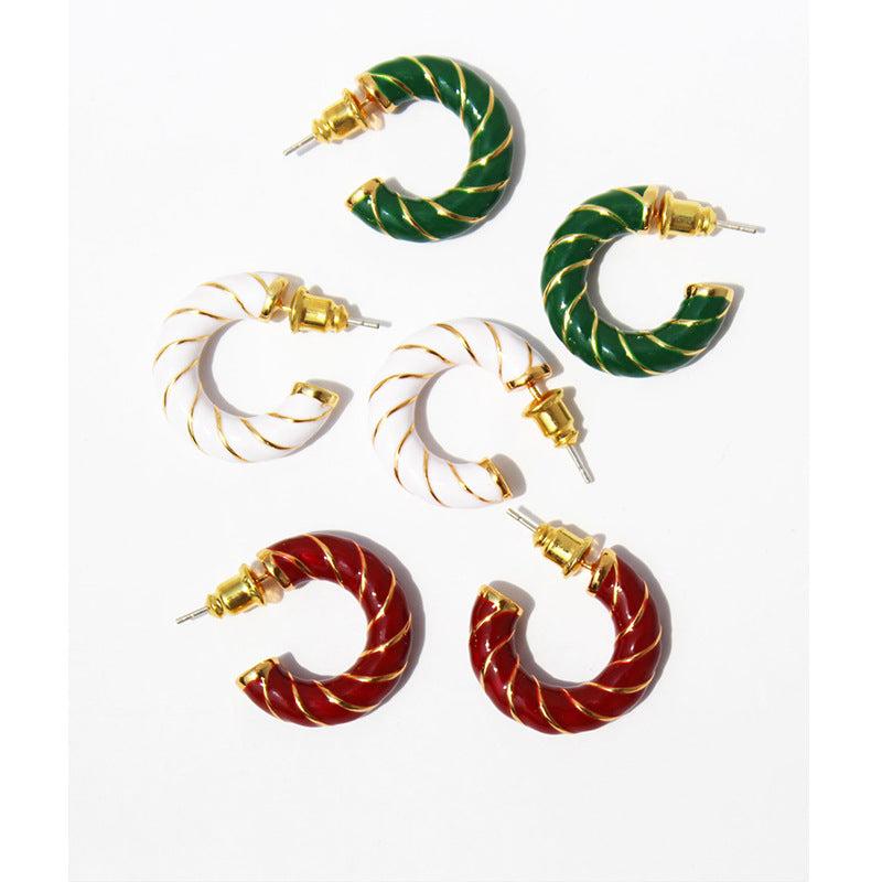 Red Enamel C-Shaped Thick Earrings Retro Green Drop Glaze Silver Needle Earrings