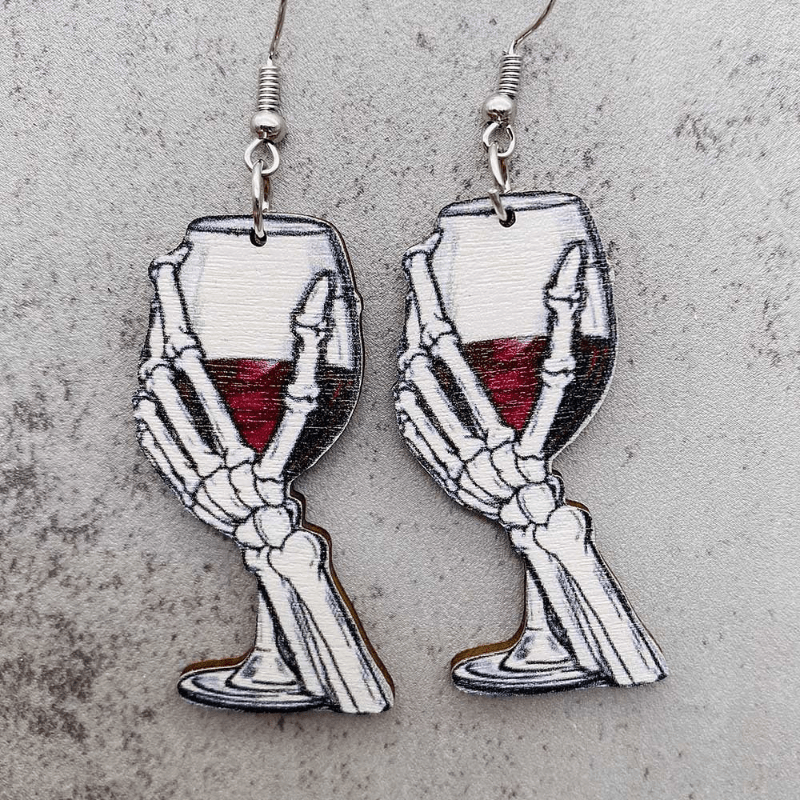 Halloween Wooden Red Wine Pumpkin BOO Castle Earrings