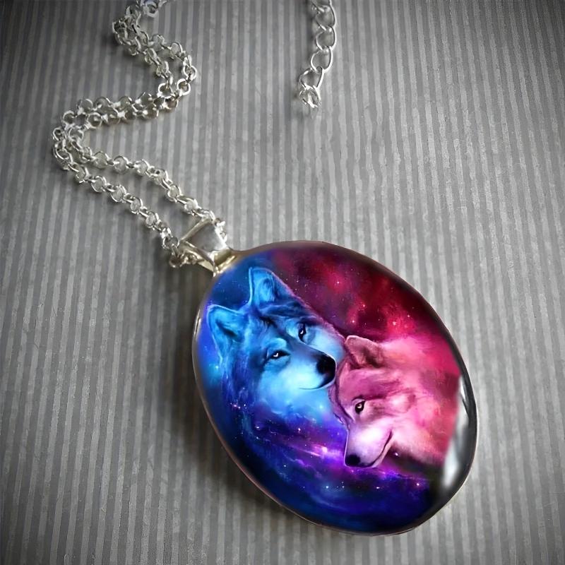 Punk Animal Painted Wolf Round Pendant Necklace Gift