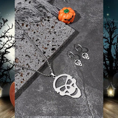 Steel Ghost Head Necklace & Earrings Set Halloween Party Jewelry