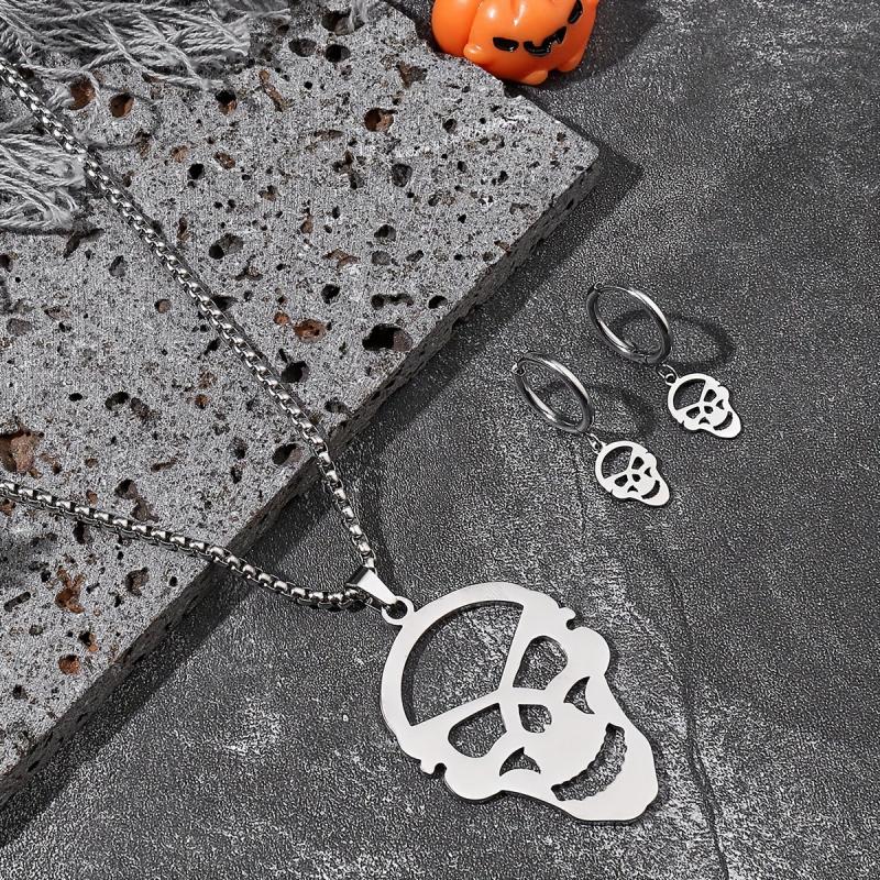 Steel Ghost Head Necklace & Earrings Set Halloween Party Jewelry