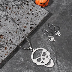 Steel Ghost Head Necklace & Earrings Set Halloween Party Jewelry