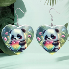 Girls Panda Heart Glass Necklace Earrings Set - Graduation Birthday Gift