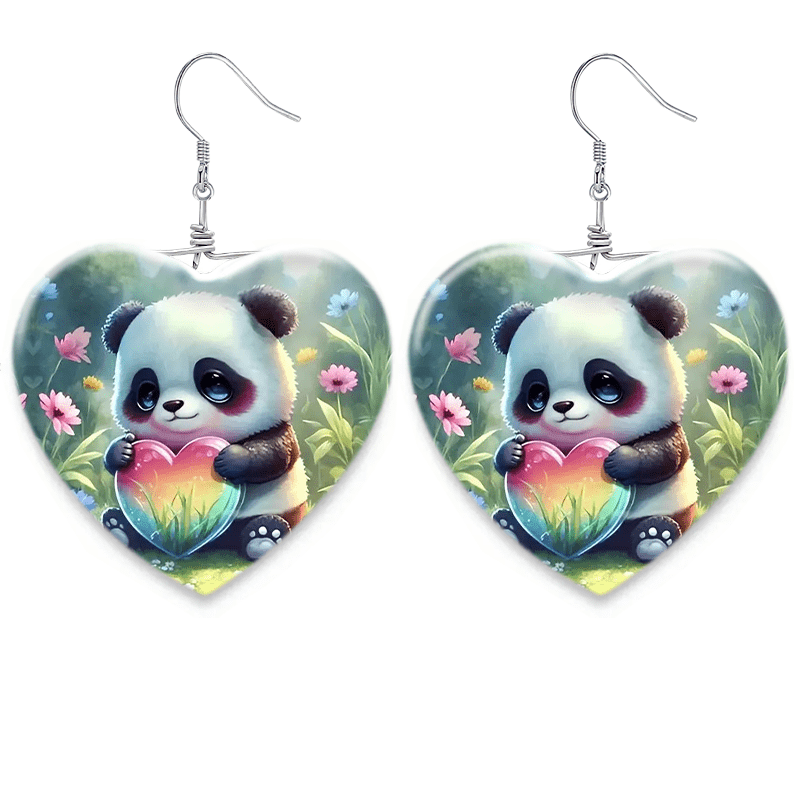 Girls Panda Heart Glass Necklace Earrings Set - Graduation Birthday Gift