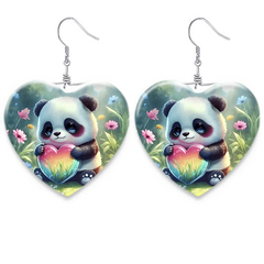 Girls Panda Heart Glass Necklace Earrings Set - Graduation Birthday Gift
