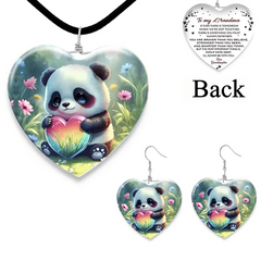 Girls Panda Heart Glass Necklace Earrings Set - Graduation Birthday Gift