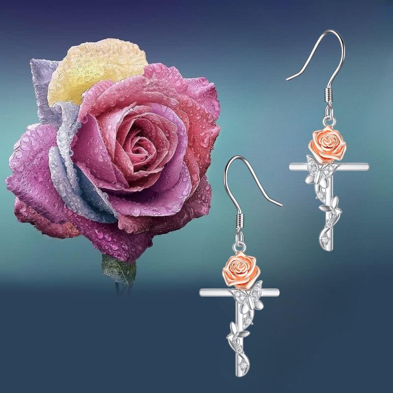 Light & Pink Rose Butterfly Cross Earrings For Women & Girls