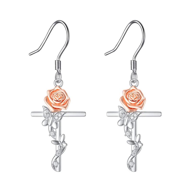 Light & Pink Rose Butterfly Cross Earrings For Women & Girls