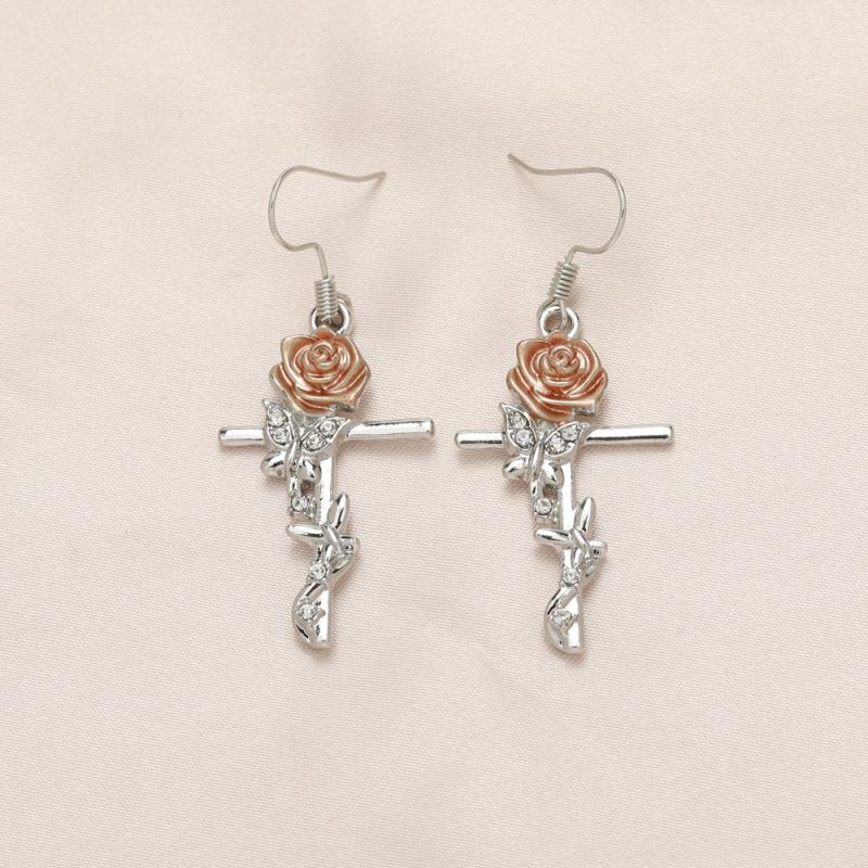 Light & Pink Rose Butterfly Cross Earrings For Women & Girls