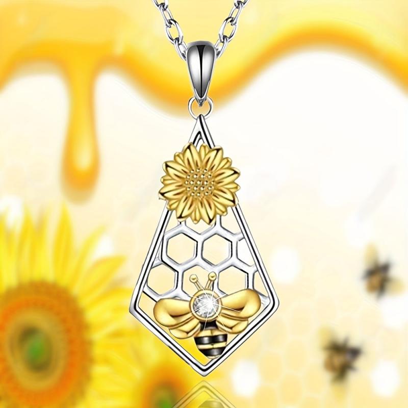 Bee Sunflower Rhombus Honeycomb Pendant Necklace For Women