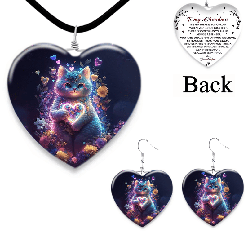 Cat Pattern Glass Pendant Necklace Earring Set For Girl